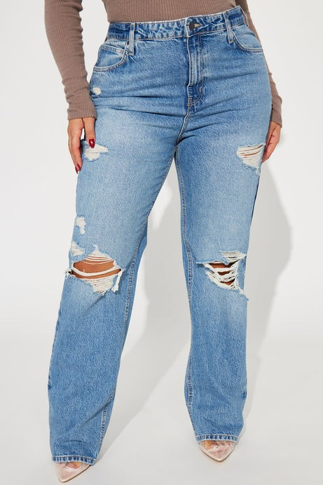 Unbothered Queen Ripped Straight Leg Jeans - Vintage Wash