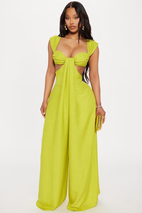 Demi Cut Out Gauze Jumpsuit - Chartreuse