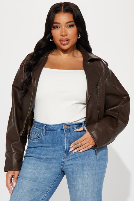 Check The Deets Faux Leather Moto Jacket - Brown