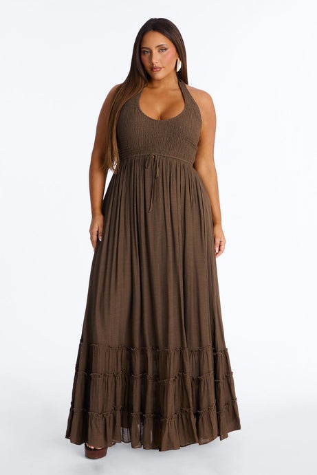 Freya Smocked Linen Maxi Dress - Chocolate