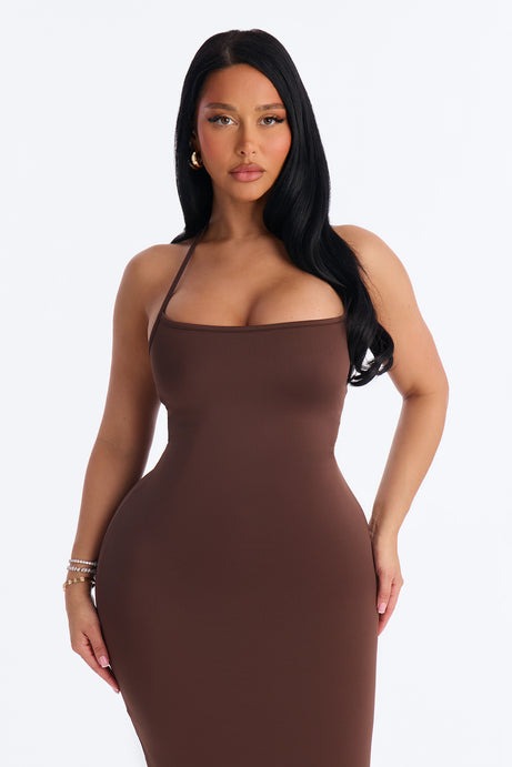 Contour Double Lined Halter Maxi Dress - Chocolate